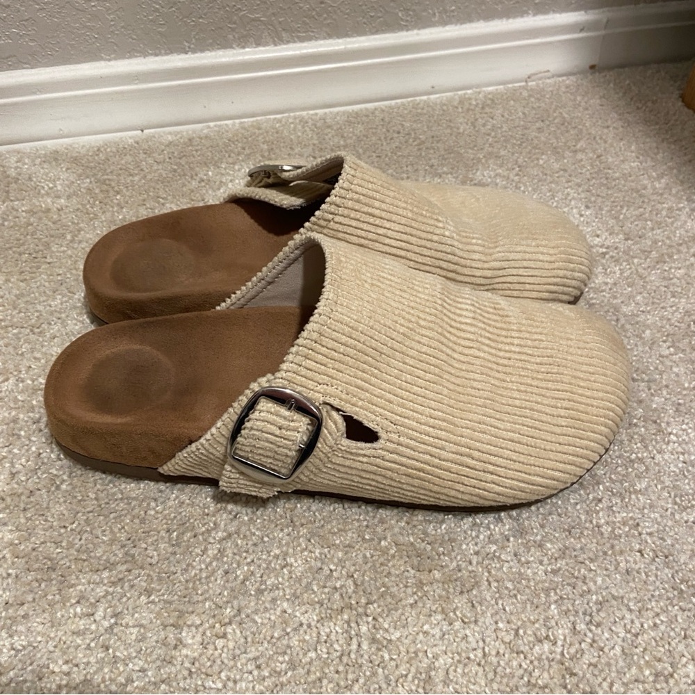 Beige Corduroy Slip-On Clogs with Buckle